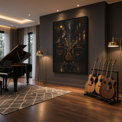 Framed canvas wall art featuring a dark electric guitar with amp-style labels and lights
