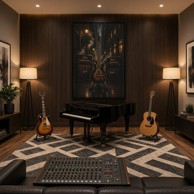 Framed canvas wall art showing an electric guitar and amp graphics, centered in dark tones