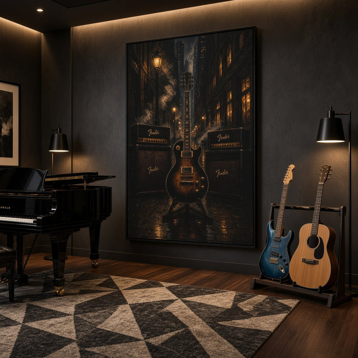 Framed canvas wall art with electric guitar and stacked amp logos in a moody dark palette