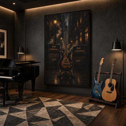 Framed canvas wall art with electric guitar and stacked amp logos in a moody dark palette