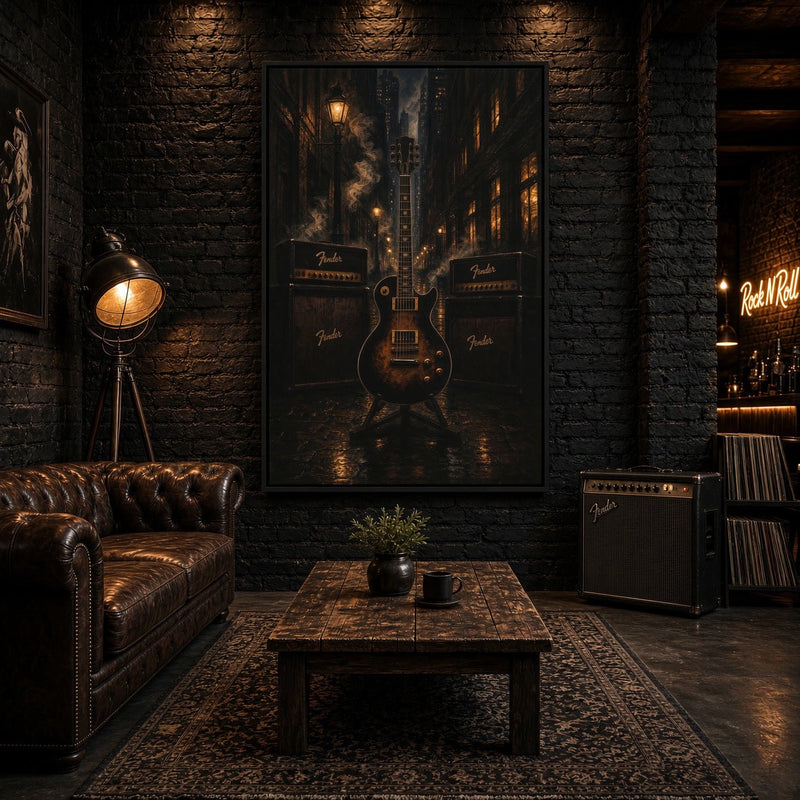 Framed canvas wall art featuring a dark electric guitar over amp logos and city lights
