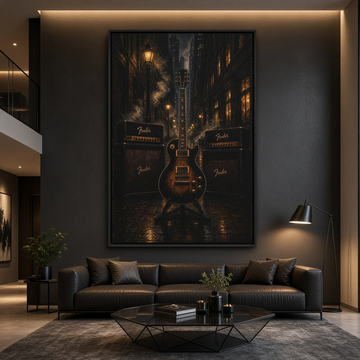 Framed canvas wall art with electric guitar illustration and amplifier graphics in muted dark hues