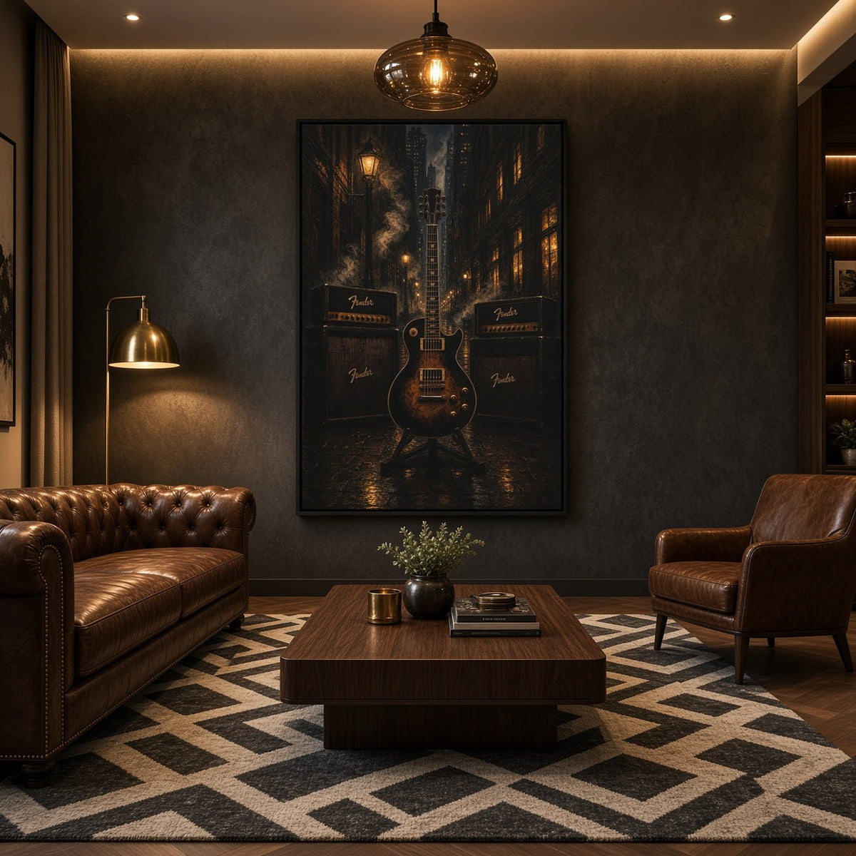 Framed canvas wall art showing a dark electric guitar and four amp blocks on a city backdrop