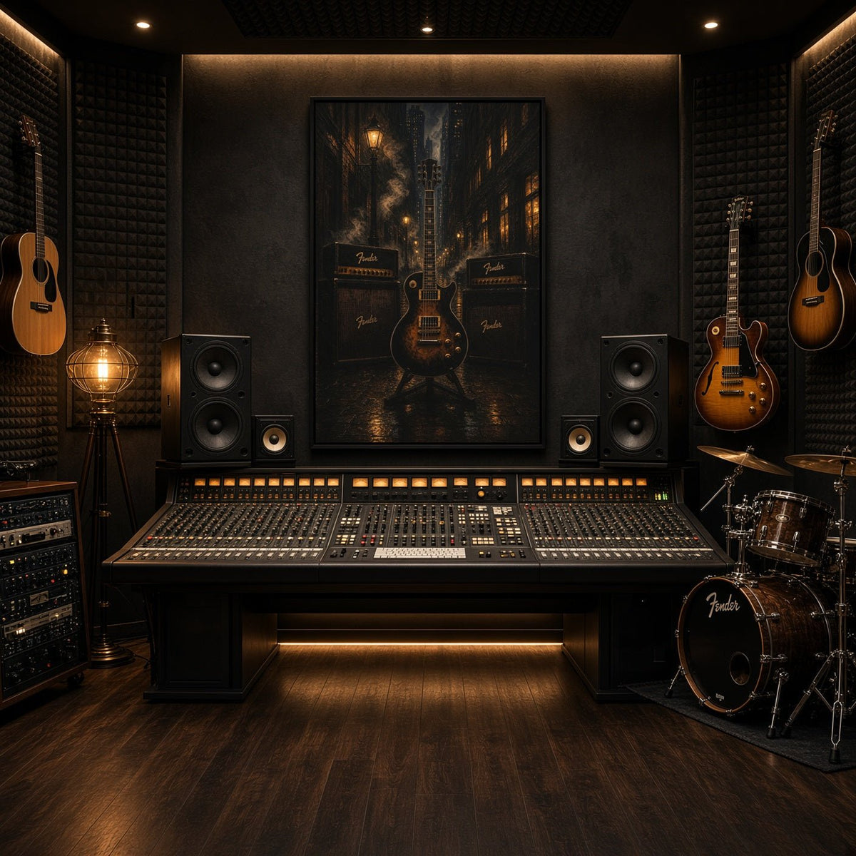 Framed canvas wall art with an electric guitar centered and amp-style logos in dark color