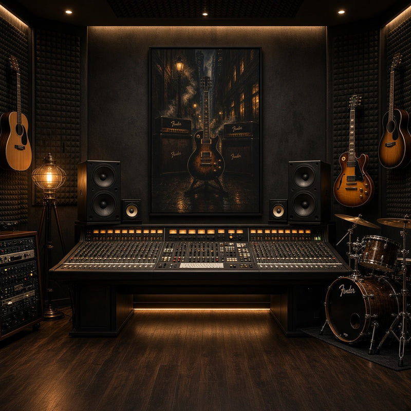 Framed canvas wall art with an electric guitar centered and amp-style logos in dark color