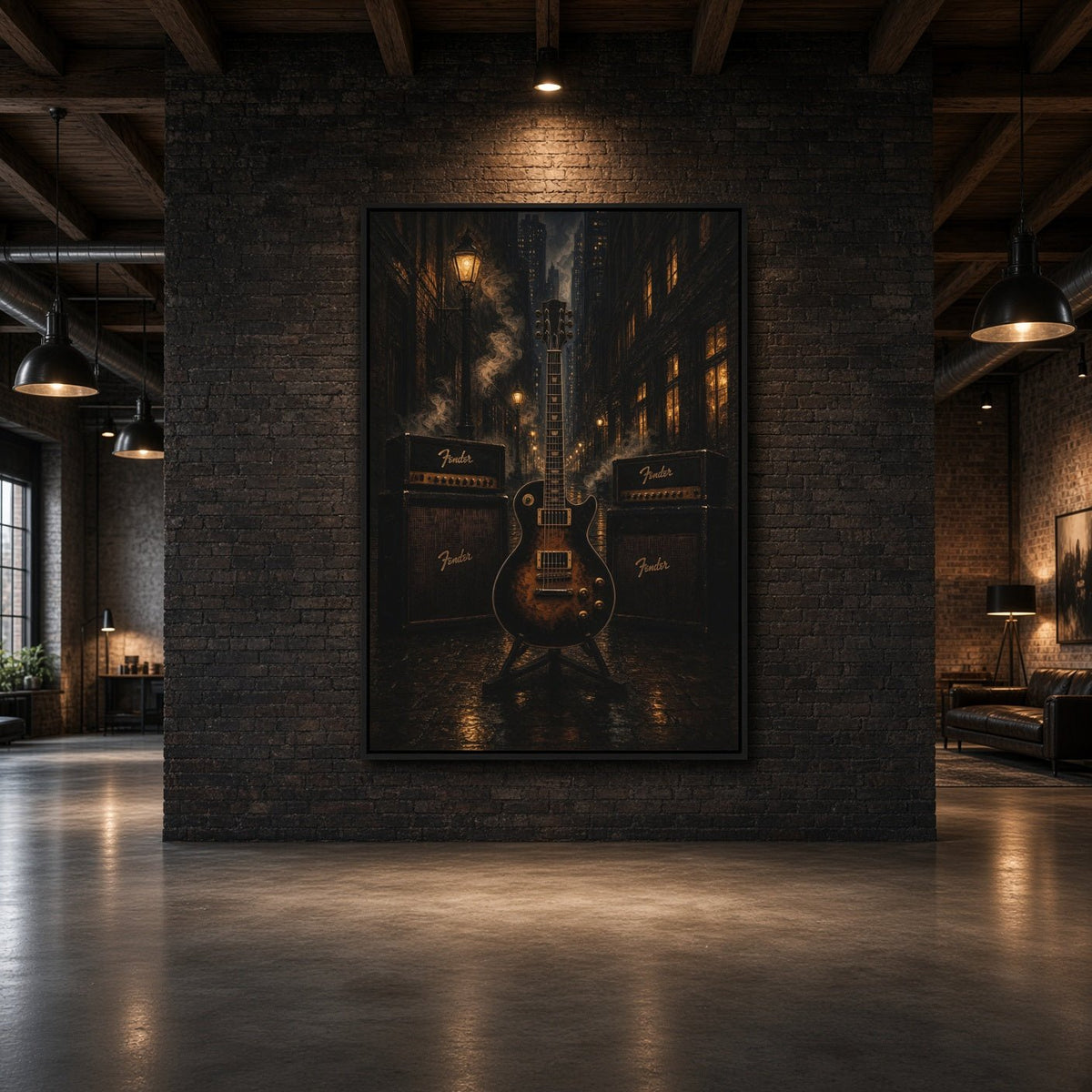 Vertical framed wall canvas with electric guitar artwork in night alley