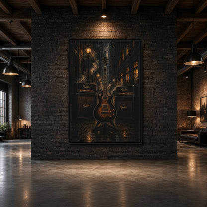 Vertical framed wall canvas with electric guitar artwork in night alley