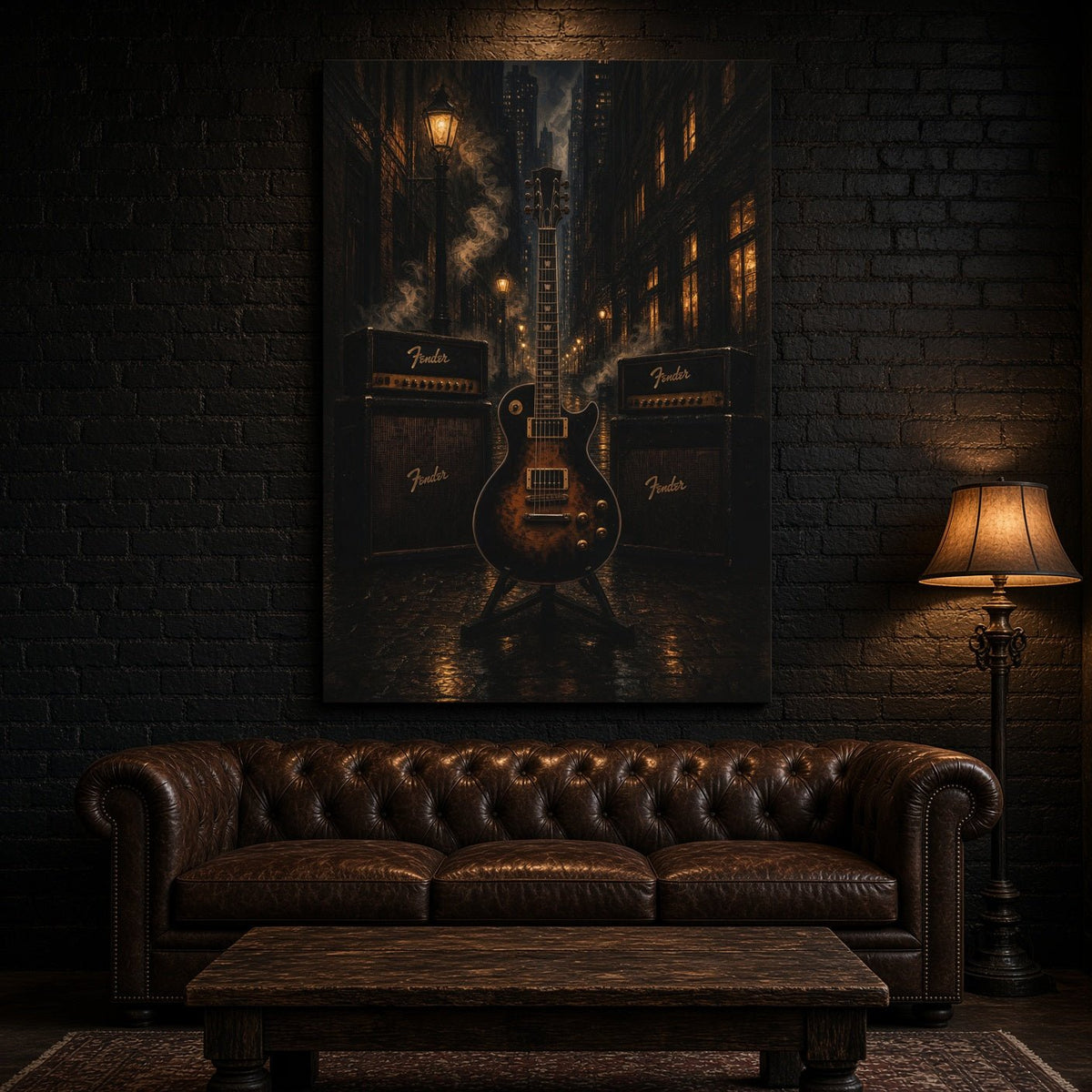 Vertical framed wall canvas depicting electric guitar centered before amp cabinets