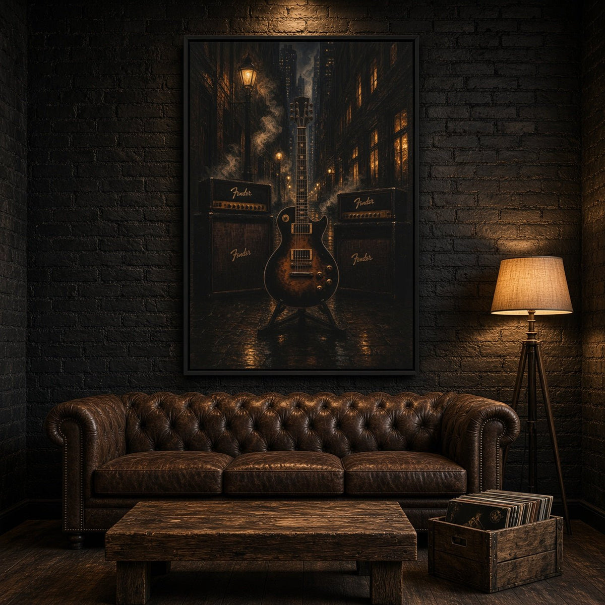 Vertical framed wall canvas with electric guitar and amps in a neon-lit alley
