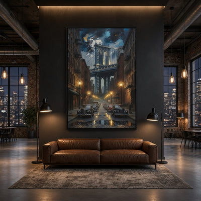 Vintage NYC canvas wall art depicting a bridge above a rain-slick city street at night.