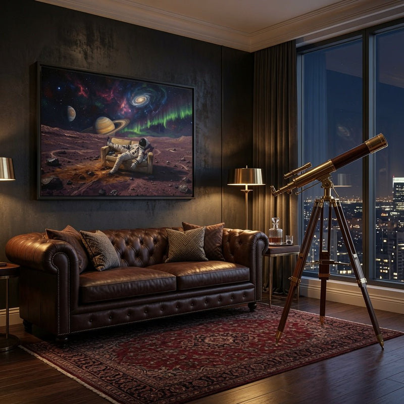 Black-framed matte canvas print with astronaut, planets, and green aurora streaks across space