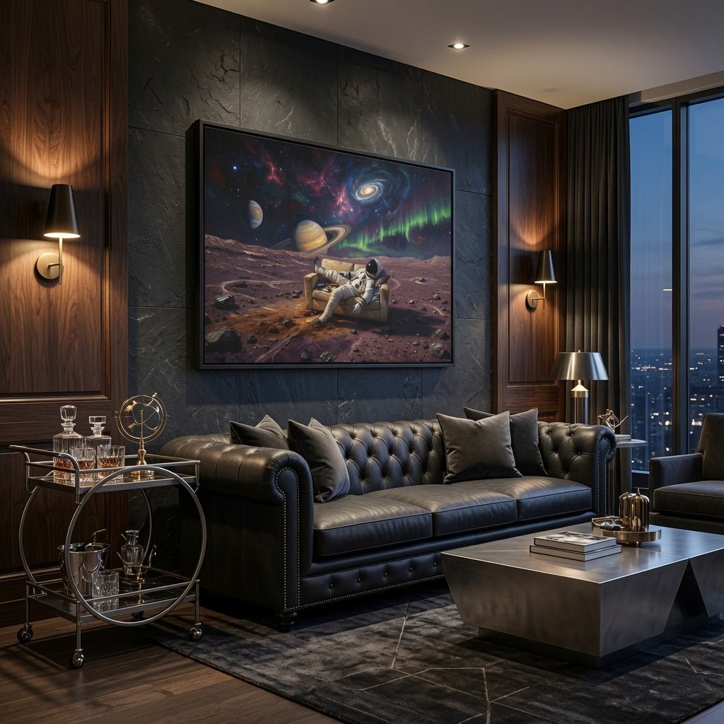 Black-framed matte canvas print depicting an astronaut and swirling nebula with glowing rings planet