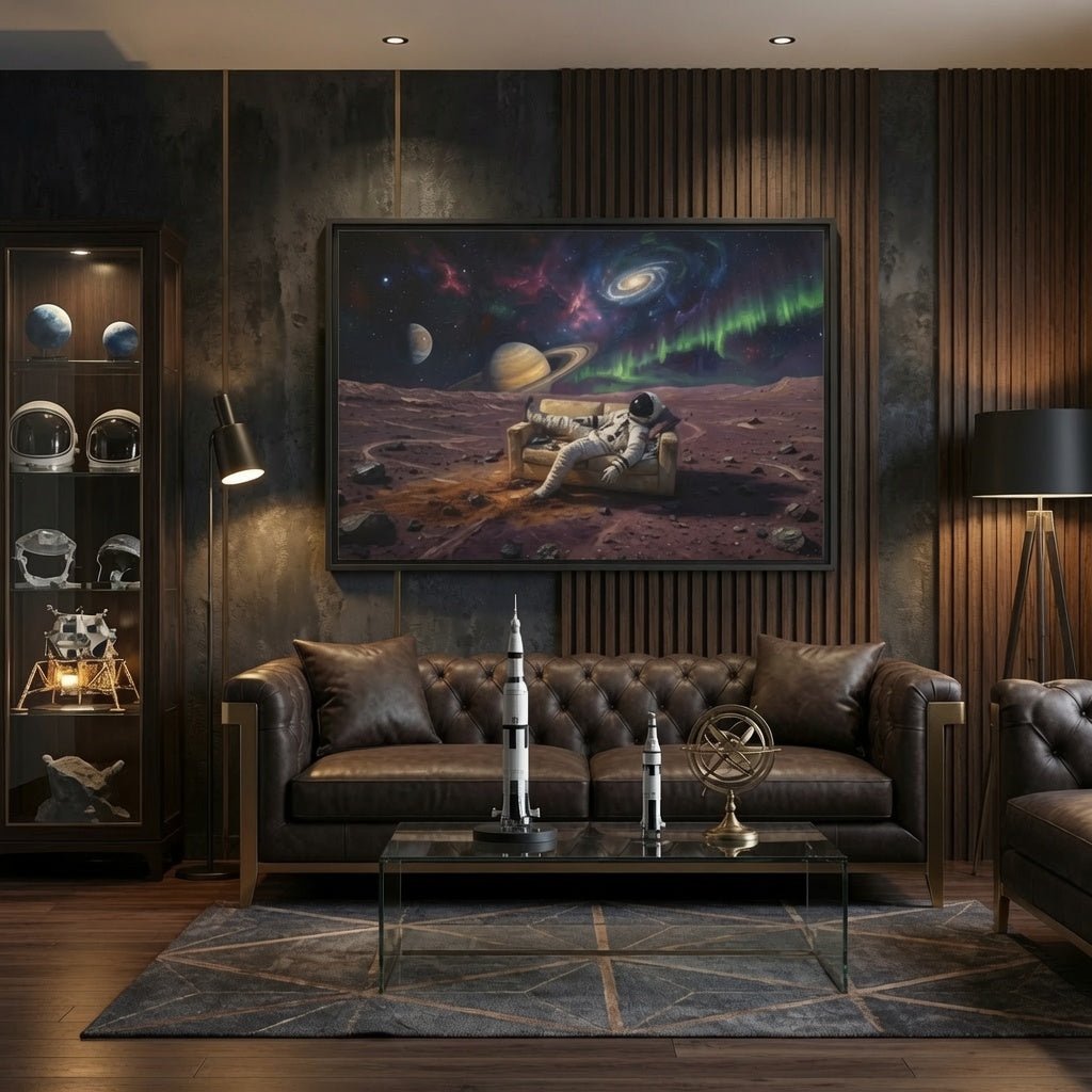 Black framed matte canvas print featuring an astronaut on a rocky plain under a bright galaxy
