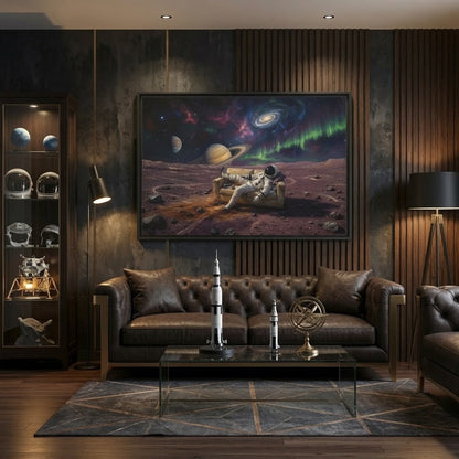 Black framed matte canvas print featuring an astronaut on a rocky plain under a bright galaxy
