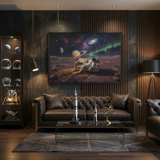 Black framed matte canvas print featuring an astronaut on a rocky plain under a bright galaxy