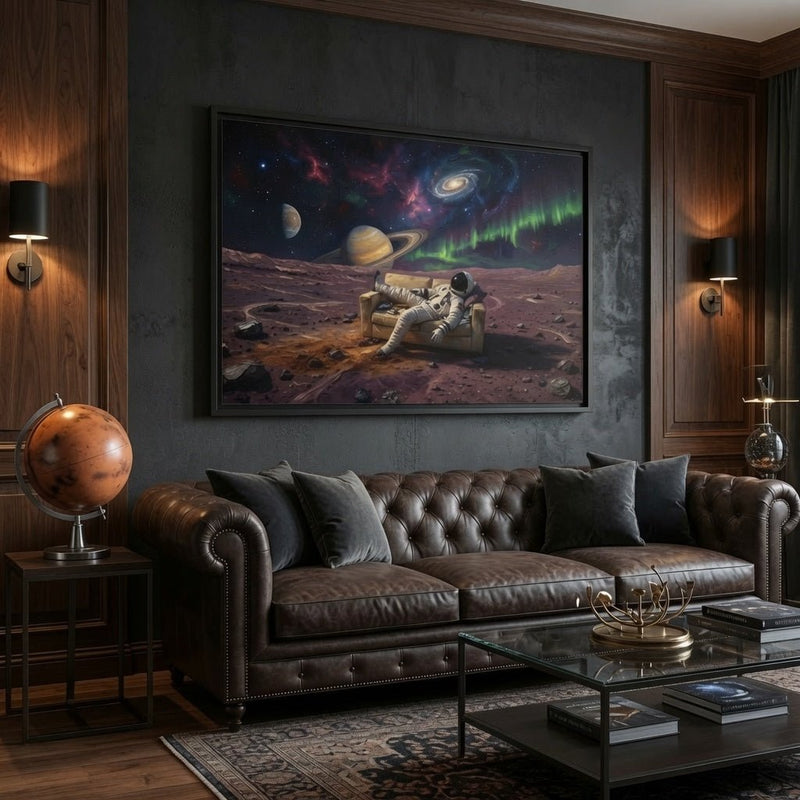 Black-framed matte canvas print showing astronaut sitting in space landscape with colorful planets