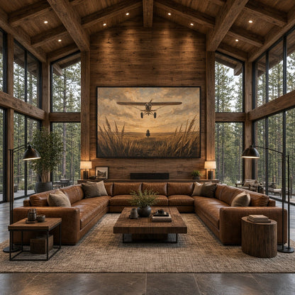 Black-framed canvas wall art centered on wall, biplane and cowboy in grass