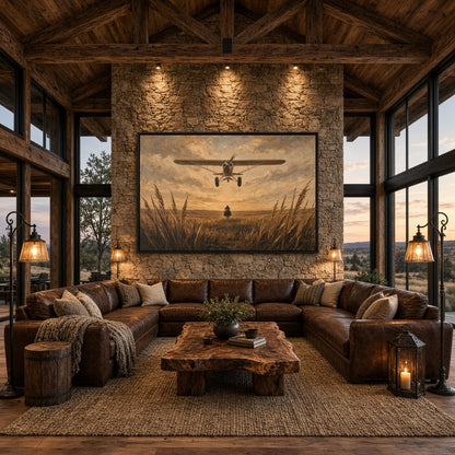 Black-framed canvas wall art with a biplane above a rider silhouette over tall grass