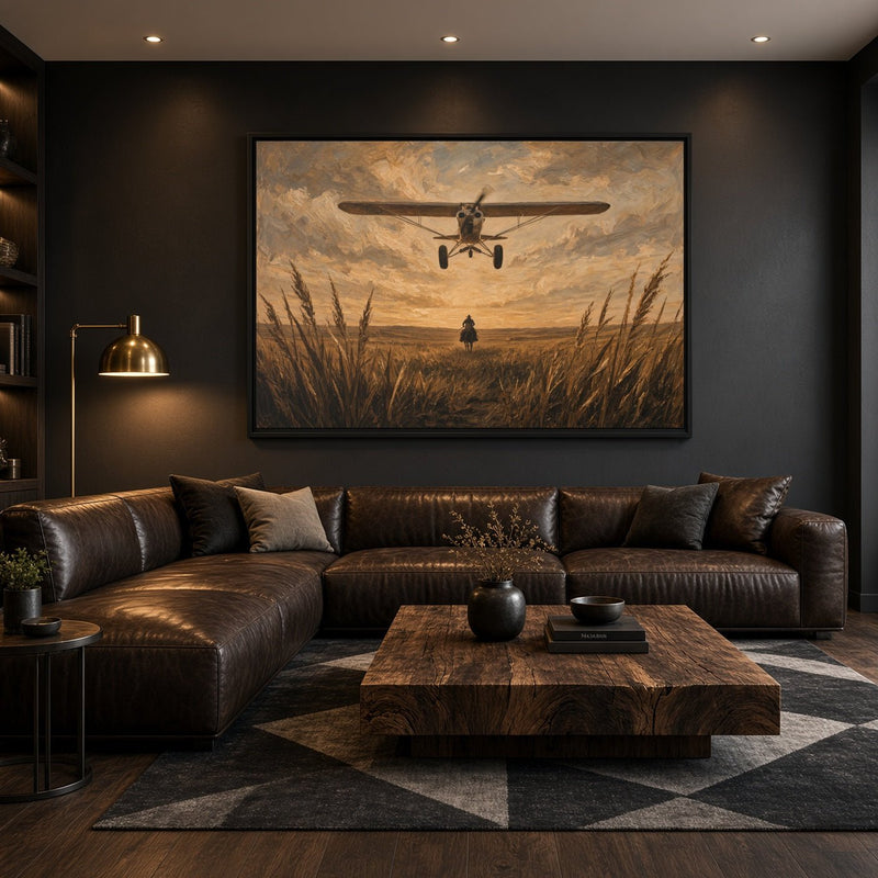 Black-framed canvas wall art with biplane flying over cowboy silhouette and tall grass
