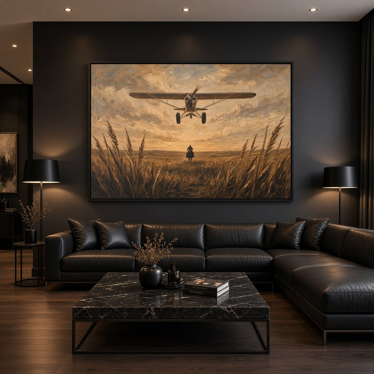 Black-framed canvas wall art of biplane overhead and cowboy walking through grass