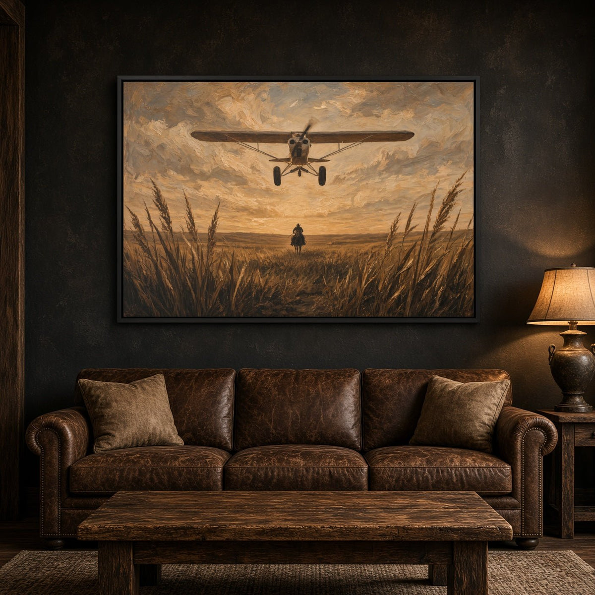 Black-framed canvas wall art depicting biplane in cloudy sky above cowboy in tall grass
