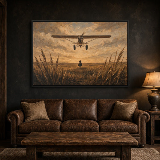 Black-framed canvas wall art depicting biplane in cloudy sky above cowboy in tall grass