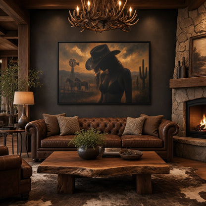 Framed cowgirl silhouette canvas in warm desert sunset with cacti and windmill