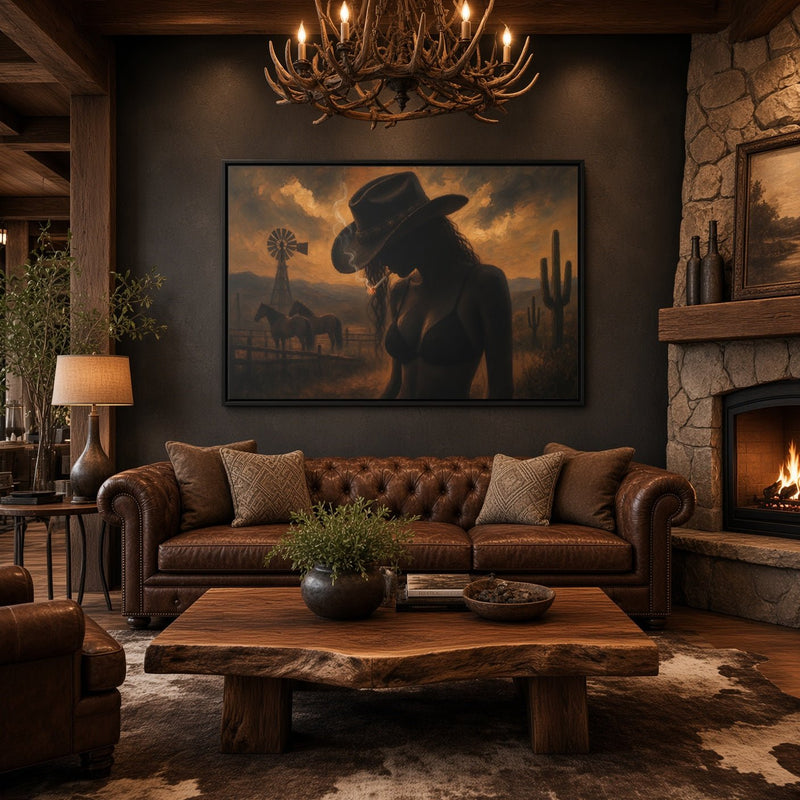 Framed cowgirl silhouette canvas in warm desert sunset with cacti and windmill