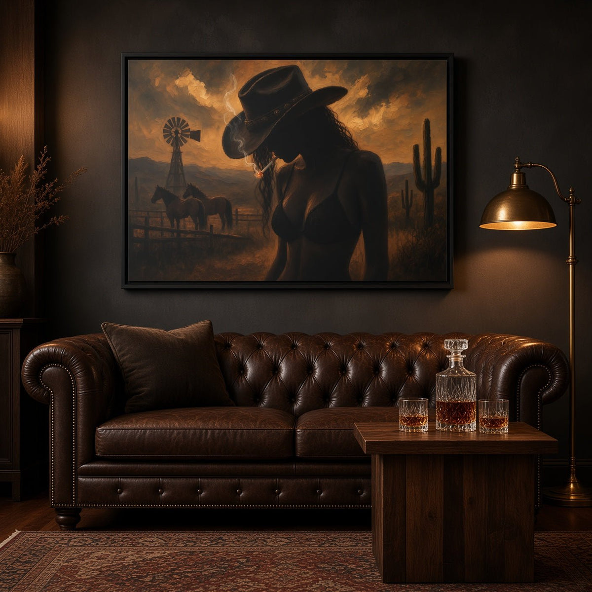 Black-framed desert cowgirl canvas wall art, cowboy hat silhouette in desert ranch sunset