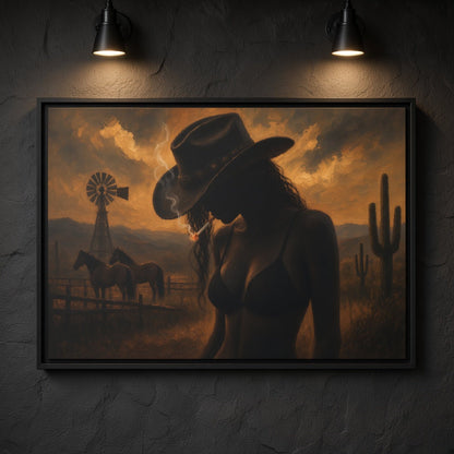 Black-framed desert cowgirl canvas wall art, close view of cowboy hat silhouette