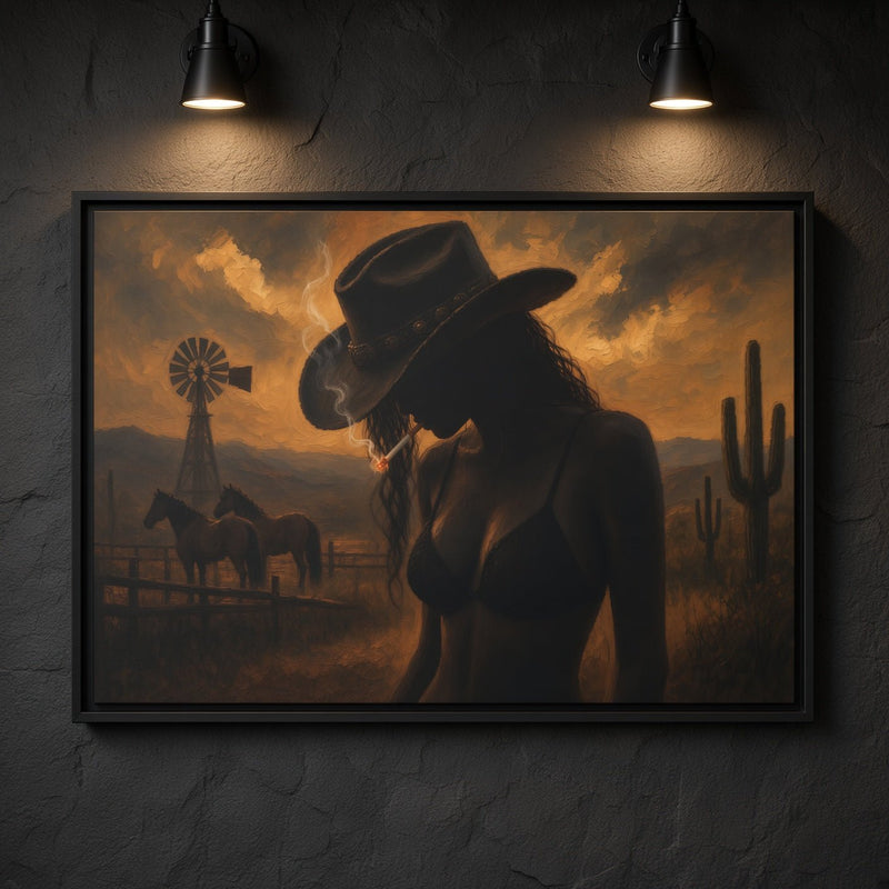 Black-framed desert cowgirl canvas wall art, close view of cowboy hat silhouette