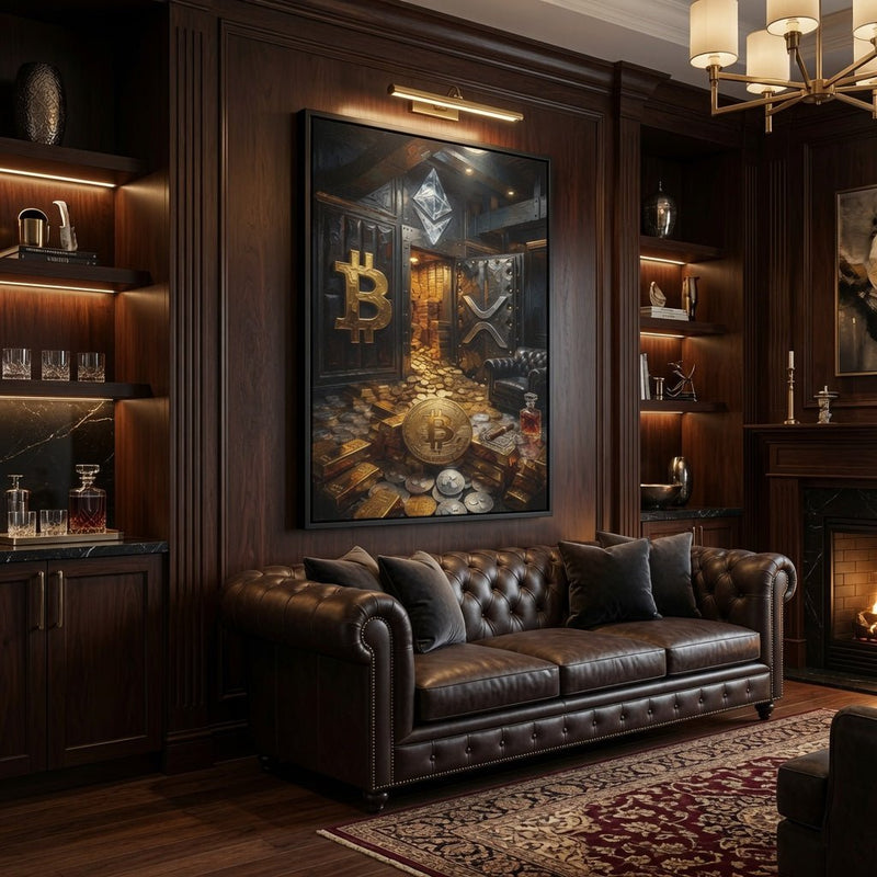 Framed canvas wall art, black frame, crypto vault print with gold BTC and scattered coins