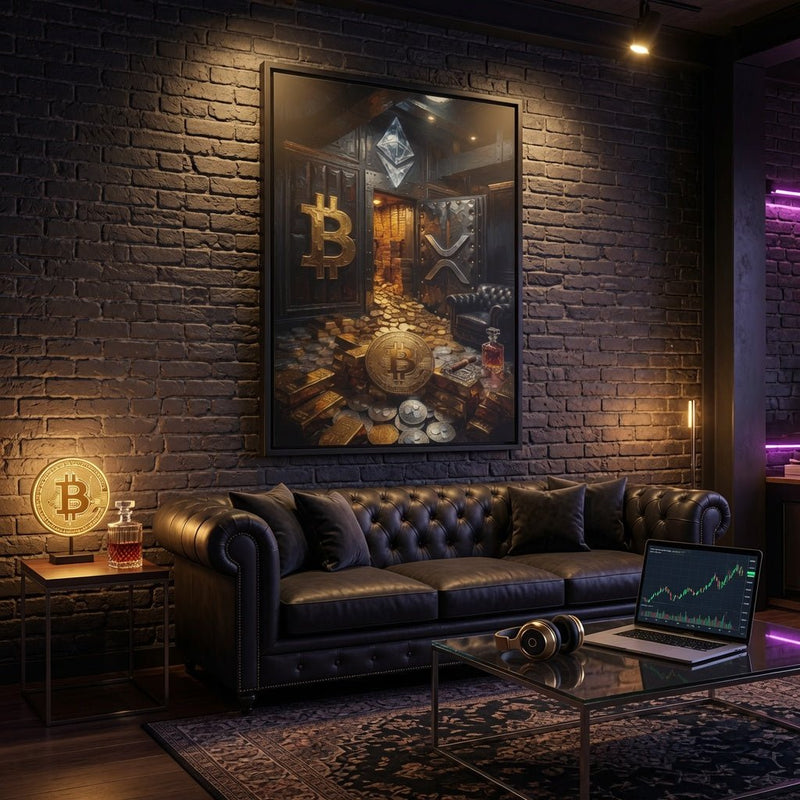 Framed canvas wall art, black frame, crypto vault scene with gold BTC, coins, and vault door