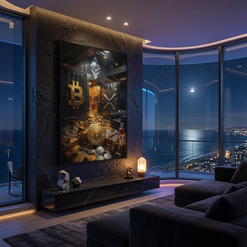 Framed canvas wall art, black frame, crypto vault scene with gold BTC and dark office chair
