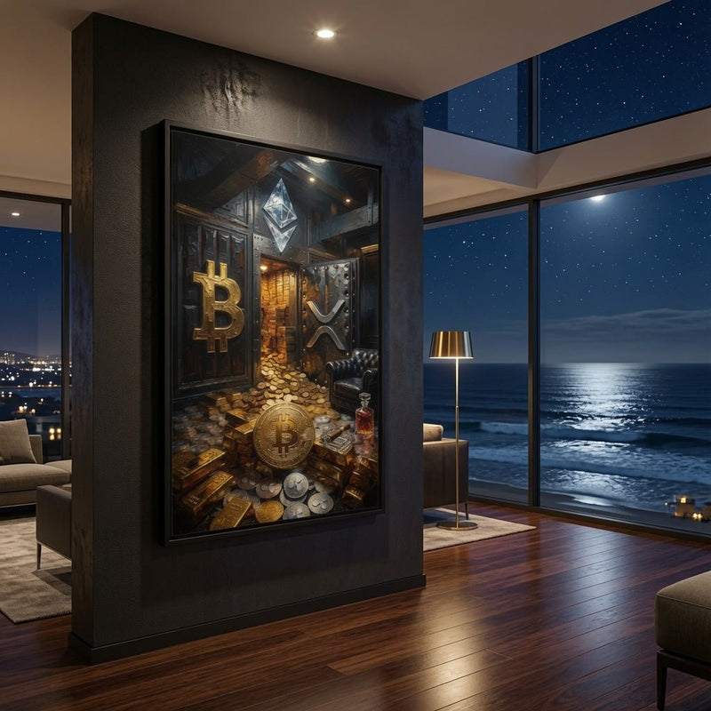 Framed canvas wall art, black frame, crypto vault scene with gold Bitcoin and silver token shapes