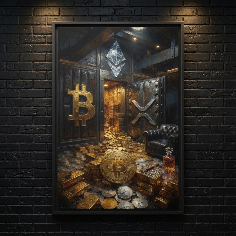 Framed canvas wall art with black frame, close view of gold BTC and crypto vault coins