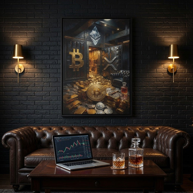 Framed canvas wall art with black frame, crypto vault image showing gold BTC and stacked coins