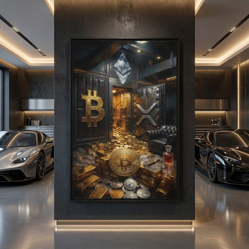 Framed canvas wall art with black frame, crypto vault scene featuring gold Bitcoin and coins