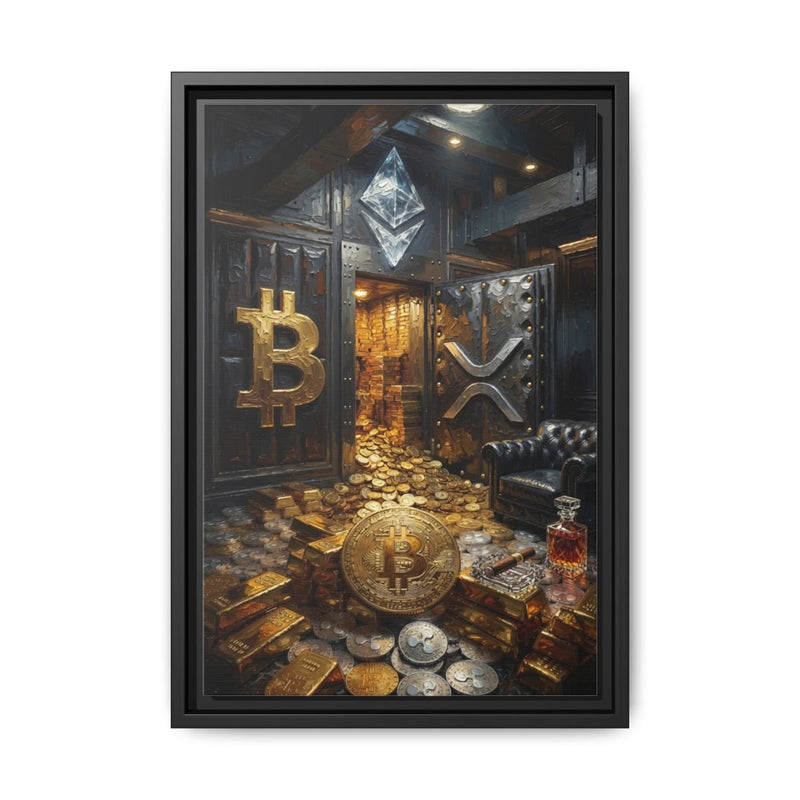 Framed canvas wall art, black frame, crypto vault scene with gold Bitcoin and coin details