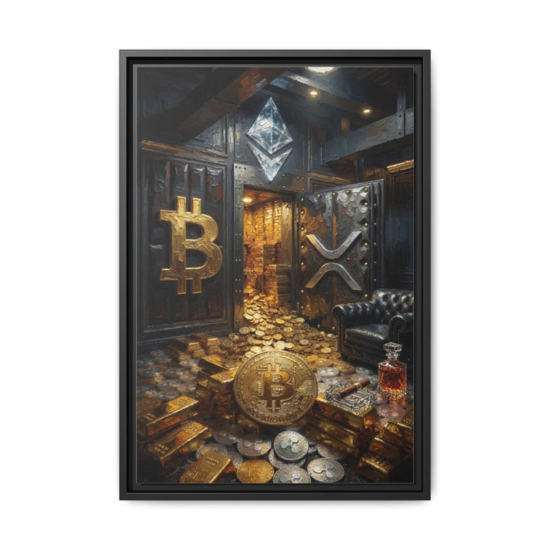 Black framed canvas print with crypto vault art, gold coins and coin symbols.