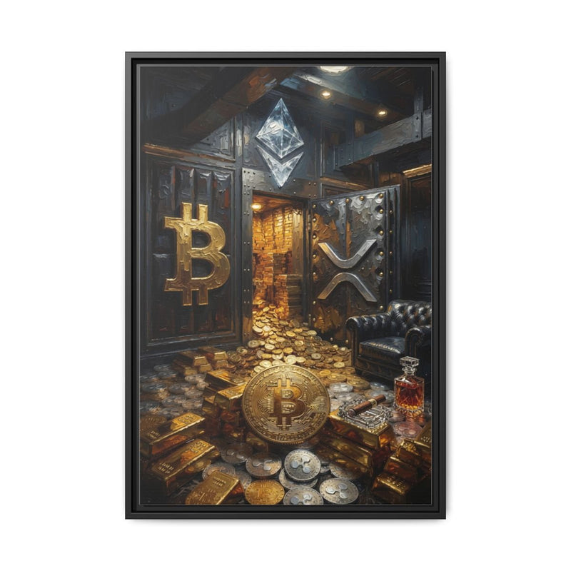 Black framed canvas print showing crypto vault room with coins and BTC-style sign.