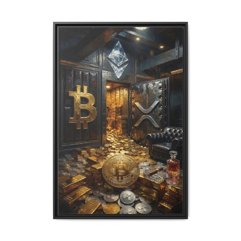 Black framed canvas print of crypto vault with gold and silver coins, BTC and ETH marks.