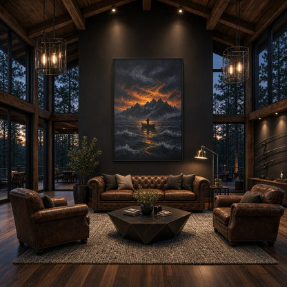 Framed canvas wall art: dramatic mountain lake with lone fisherman, orange-lit sky