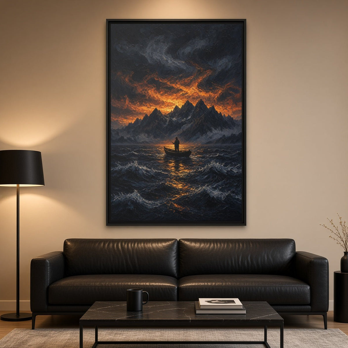 Framed canvas wall art centered above dark leather sofa, sea waves and orange glow
