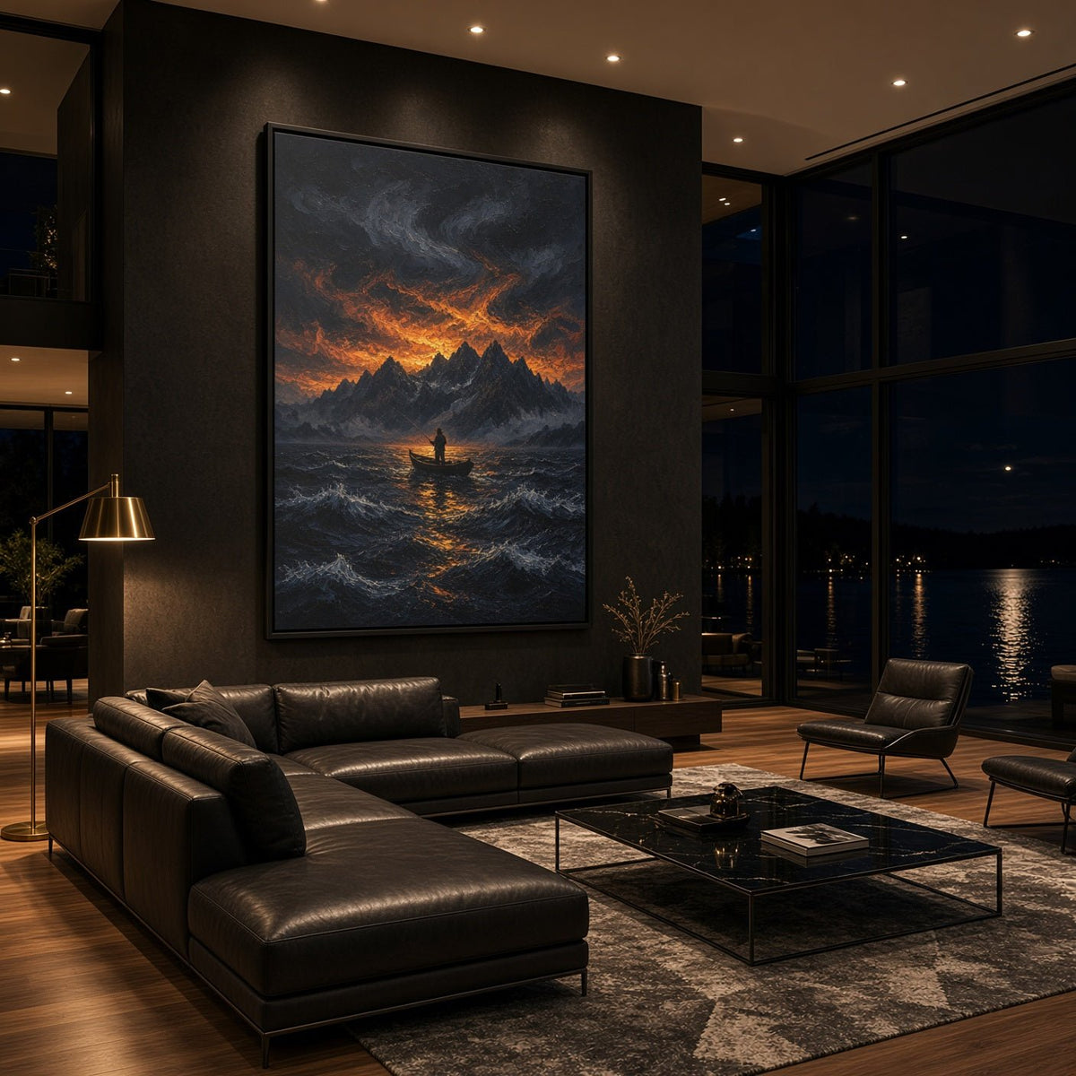 Framed canvas artwork on modern wall, dark waves with fiery orange horizon