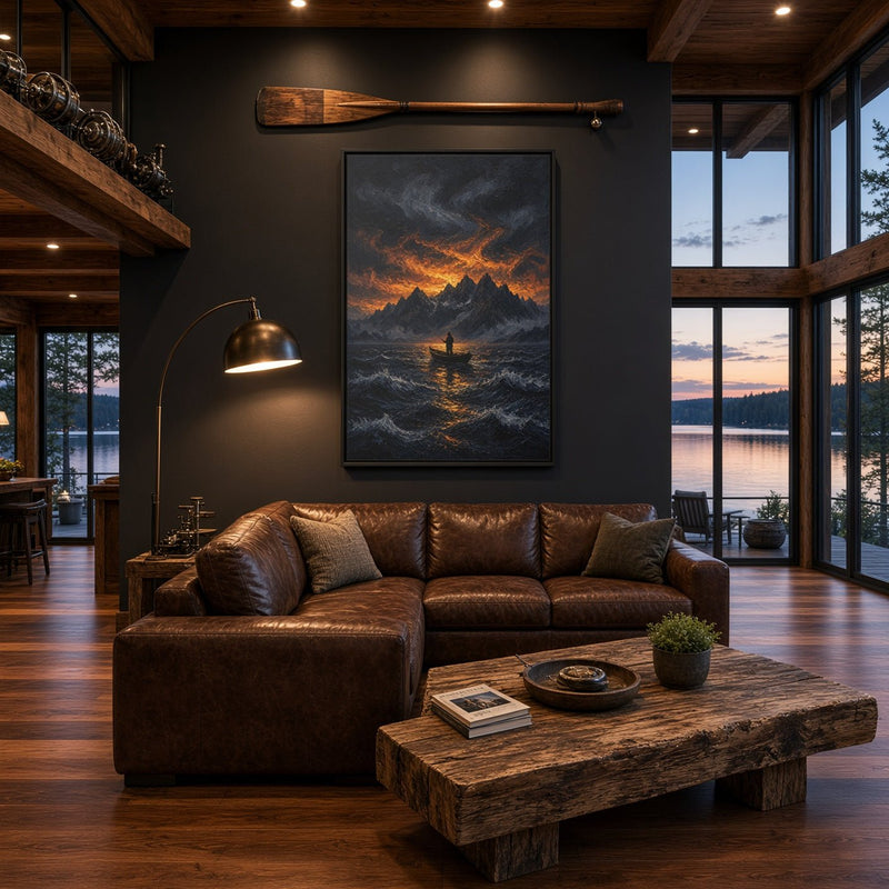 Framed canvas artwork above sofa, stormy sea with orange glow and lone fisherman