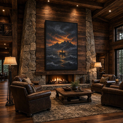 Framed canvas artwork of dark lake with orange sunset, mountains and a fisherman