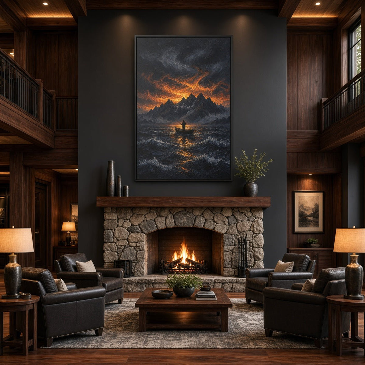 Framed canvas wall art featuring a stormy mountain lake and lone fisherman across water