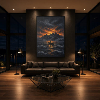 Framed canvas wall art at night: mountain lake scene with lone fisherman in orange glow