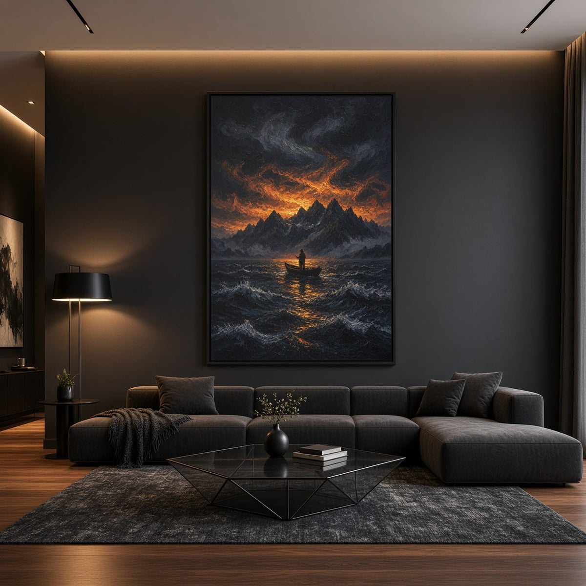 Framed canvas wall art of storm clouds over a mountain lake with a lone fisherman